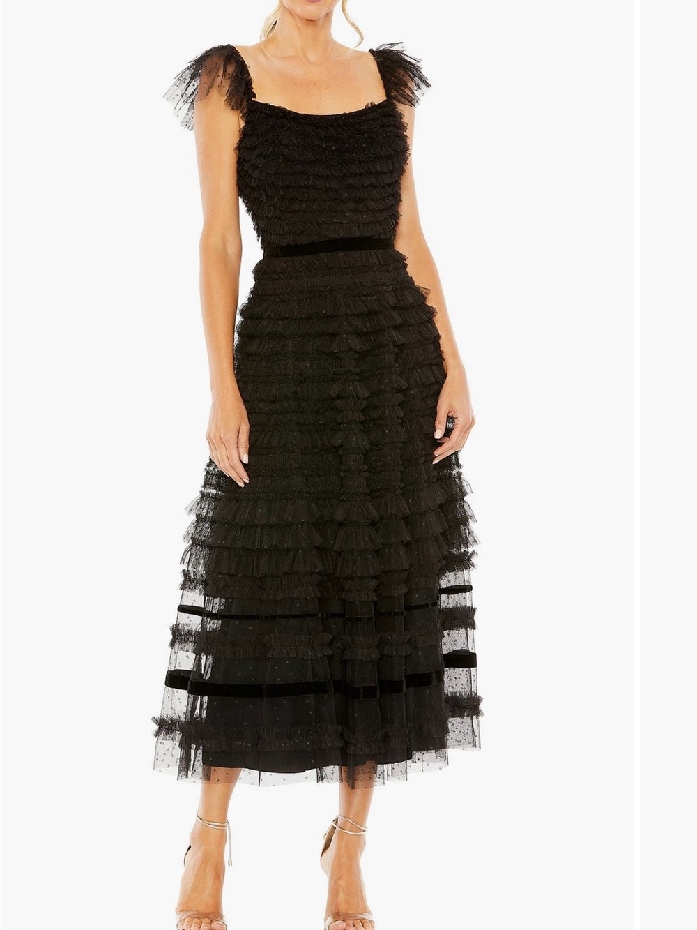 Mac Duggal Black Ruffled Tulle Midi Dress
